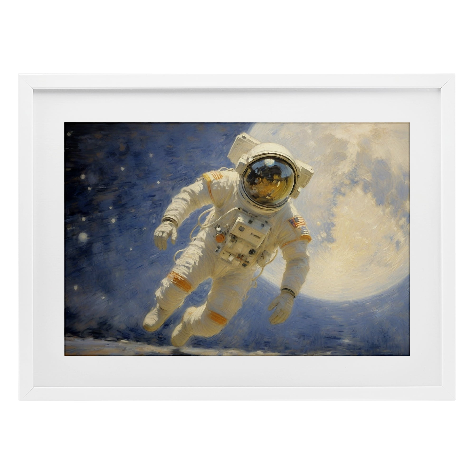 Astronaut in Vast Galaxy White Framed Print Under Glass, design by Angie Hawke