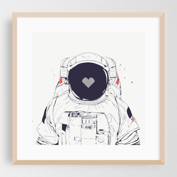 Astronaut love - Illustration Astronaut Space Modern Art Sci-Fi Minimalist Retro Oak Framed Wall Art Print 10 x 10 inches