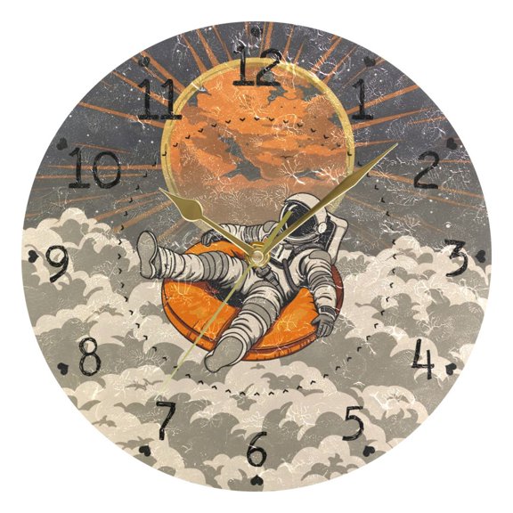 Astronaut on Buoy Sun Clouds Round Wall Clock Silent Analog Battery Operated Gold Pointer Home Decor 9.84" Diameter