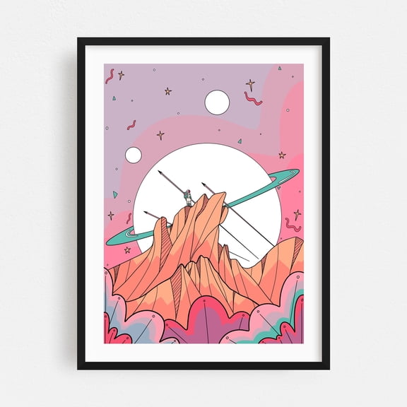 Astronaut on Mountain Peak - Illustration Space Astronaut Surrealism Fantasy Cosmic Retro Black Framed Wall Art Print 12 x 18 inches