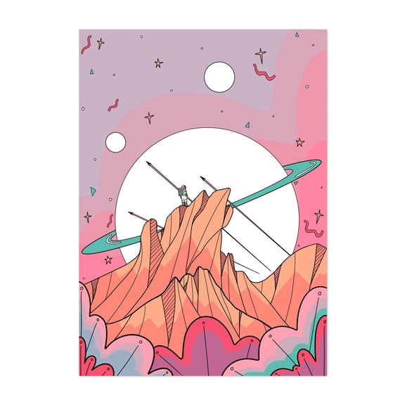 Astronaut on Mountain Peak - Illustration Space Astronaut Surrealism Fantasy Cosmic Retro Unframed Wall Art Print 18 x 24 inches