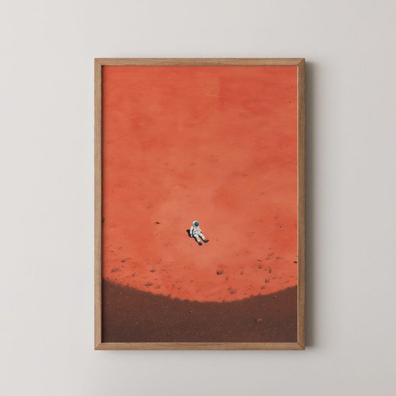 Astronaut on Red Planet Wall Art Poster, Minimal Space Exploration Illustration, Size 24x36 Unframed Poster