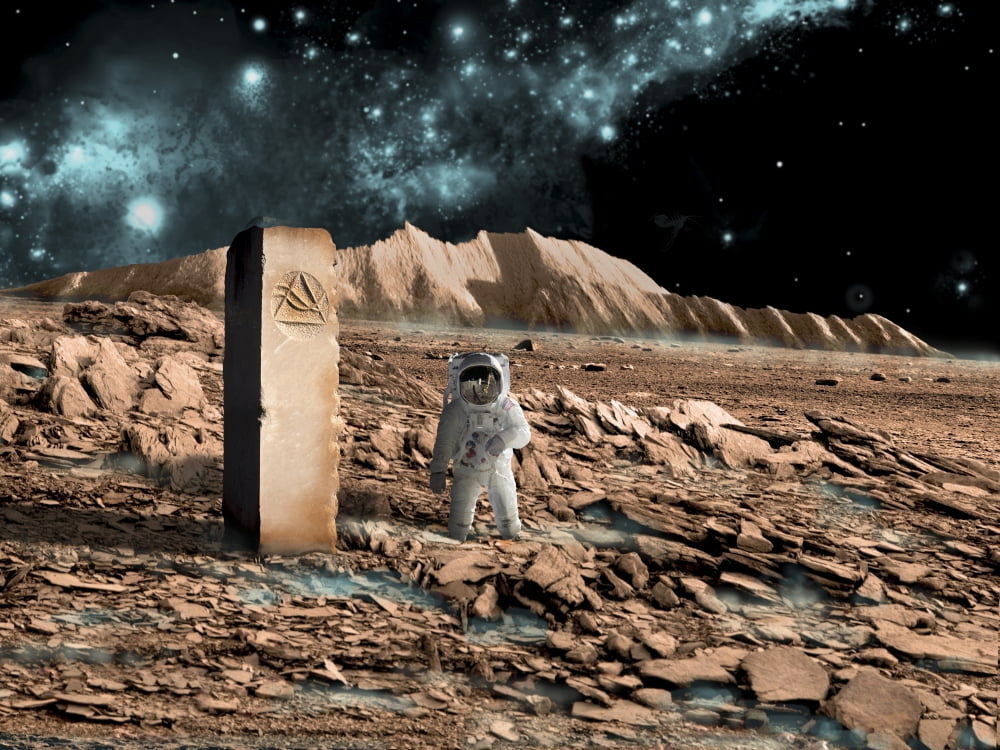 Astronaut on an alien world discovers an artifact that indicates past intelligent life Canvas Art - Marc WardStocktrek Images (17 x 13)