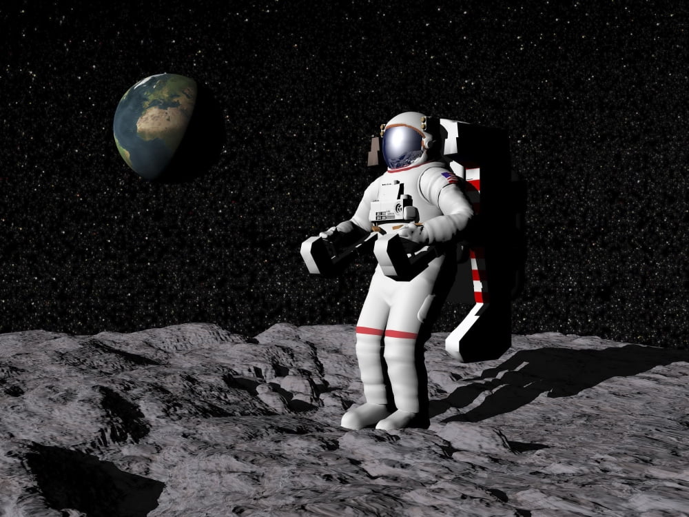 Astronaut on moon with Earth in the background Canvas Art - Elena DuvernayStocktrek Images (17 x 13)