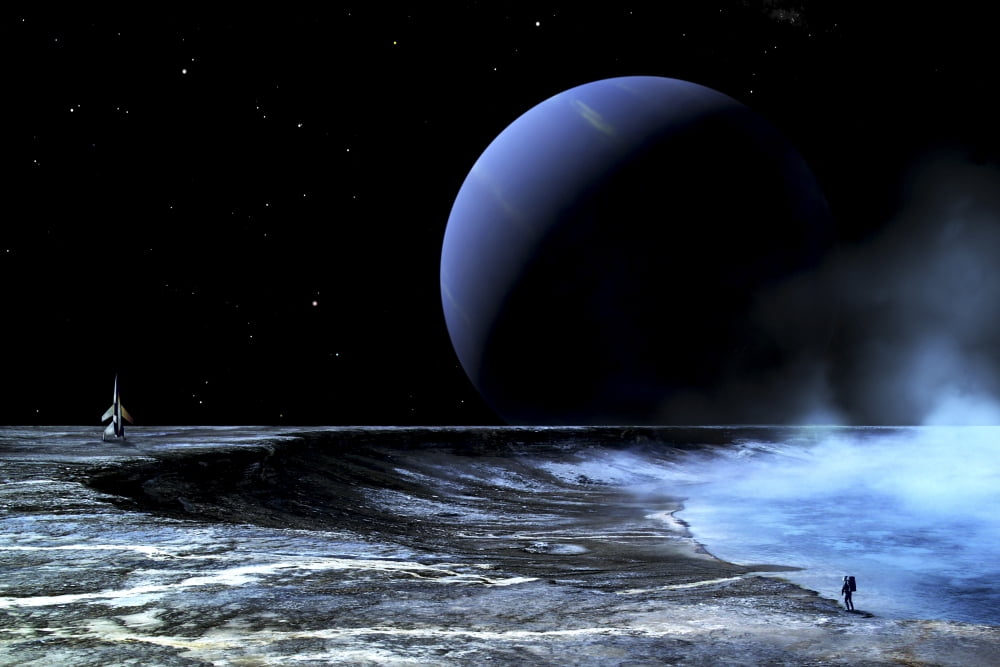 Astronaut standing on the edge of a lake of liquid methane at the bottom of a large impact crater Canvas Art - Frank HettickStocktrek Images (35 x 23)