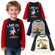 HILEELANG Toddler Boys（2Y-7Y) Shirt 3-Pack Excavator Graphic Long-Sleeve Tees Winter Cotton Casual Crewneck T-Shirts Sets 2T