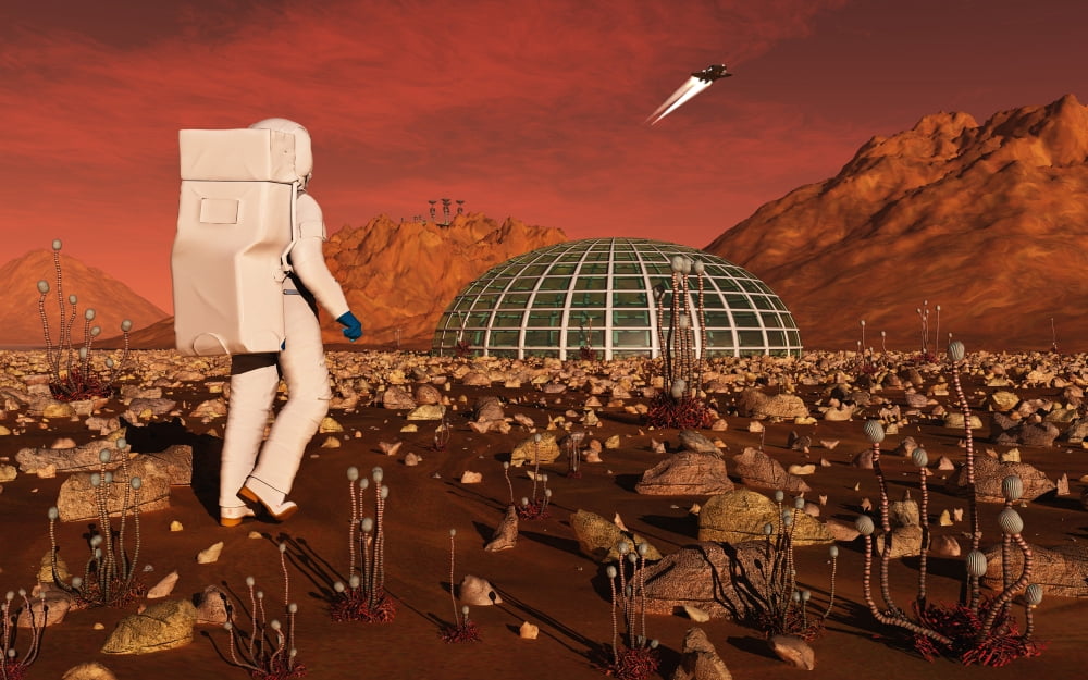 Astronaut walking across the surface of Mars towards a habitat dome Canvas Art - Mark StevensonStocktrek Images (18 x 12)
