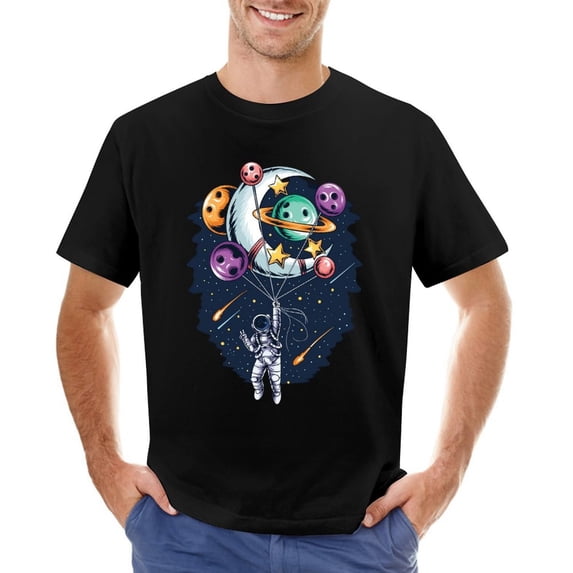 Astronaut with Balloon Planets Men’s T-Shirt 100% Cotton Casual Short Sleeve Tops Gift Tee Black 4XL