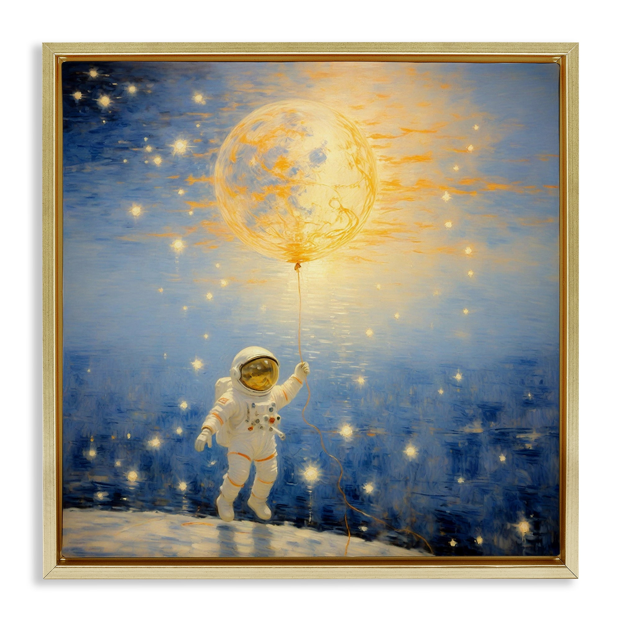 Astronaut with Dreamy Cosmic Balloon Gold Framed Floater Canvas Wall Art, design by Angie Hawke