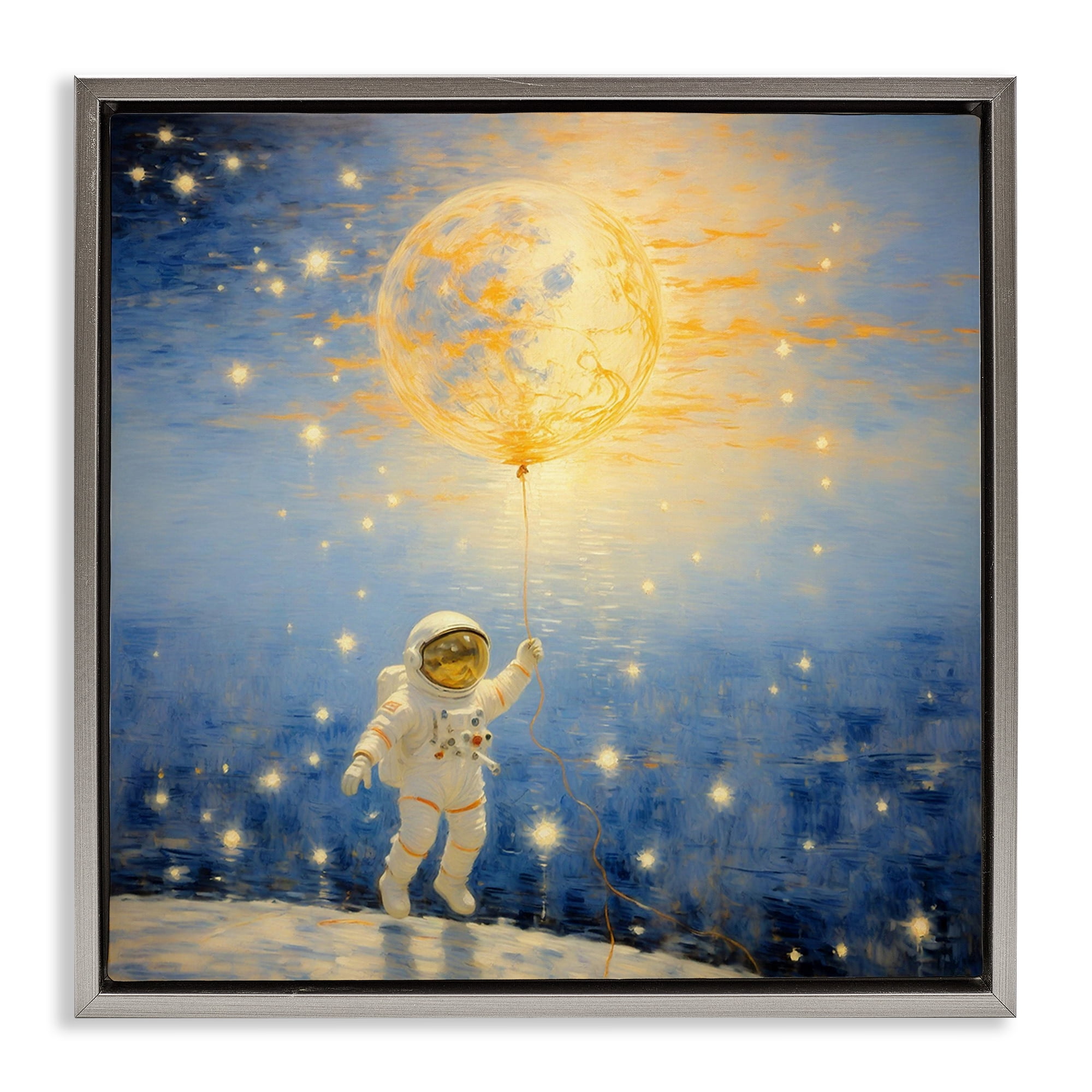 Astronaut with Dreamy Cosmic Balloon Gray Framed Floater Canvas Wall Art, design by Angie Hawke