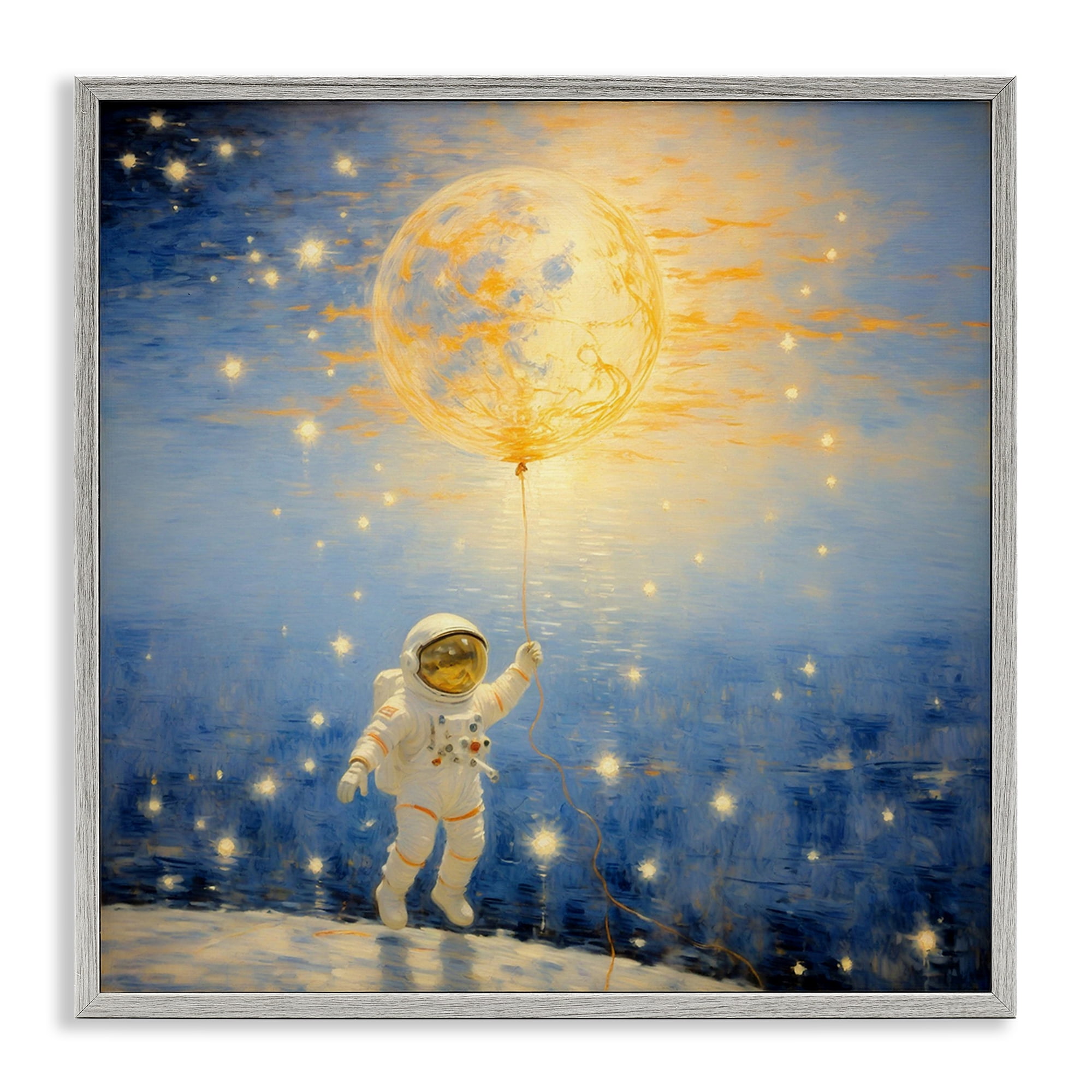 Astronaut with Dreamy Cosmic Balloon Gray Framed Giclee Art, design by Angie Hawke