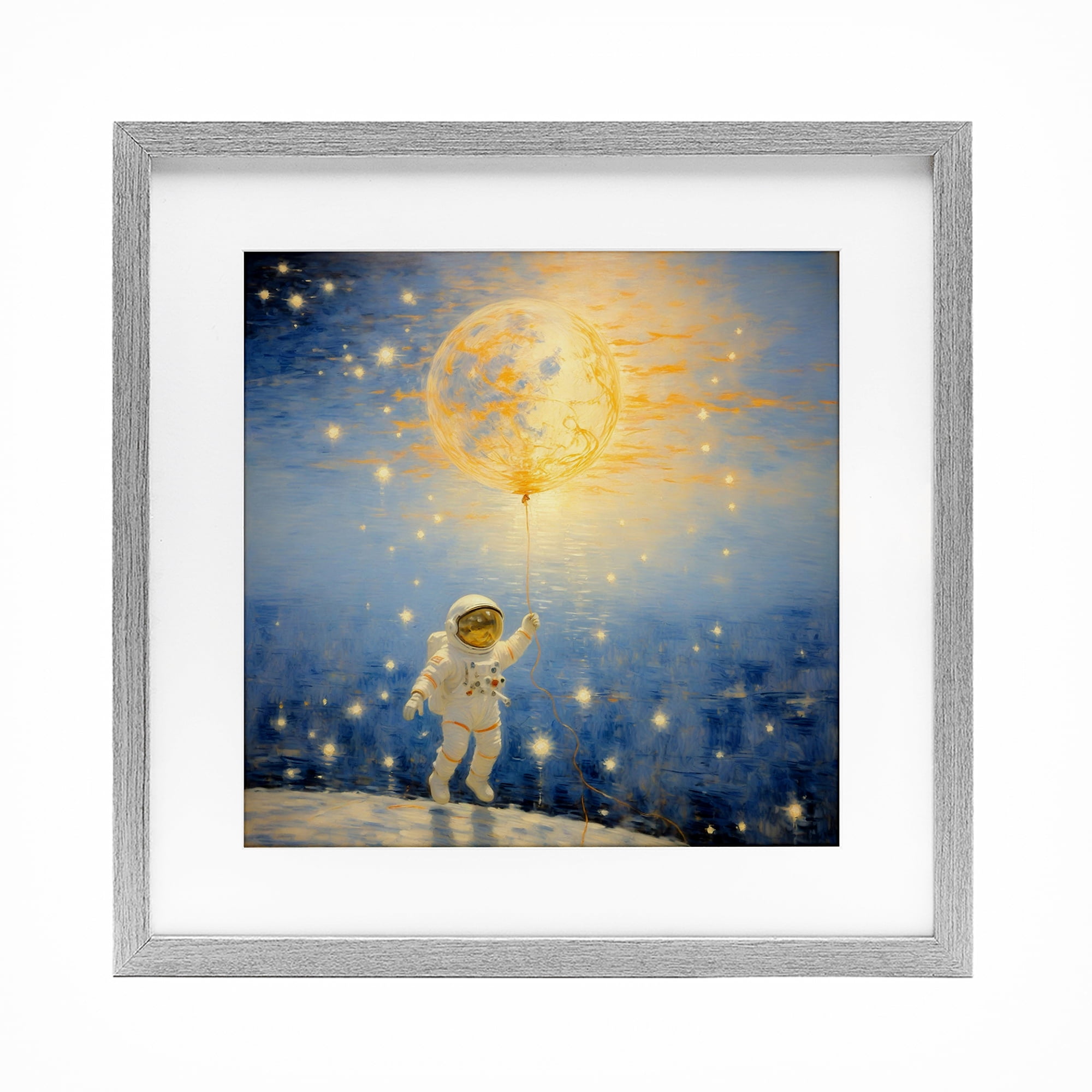 Astronaut with Dreamy Cosmic Balloon Gray Framed Print Under Glass, design by Angie Hawke
