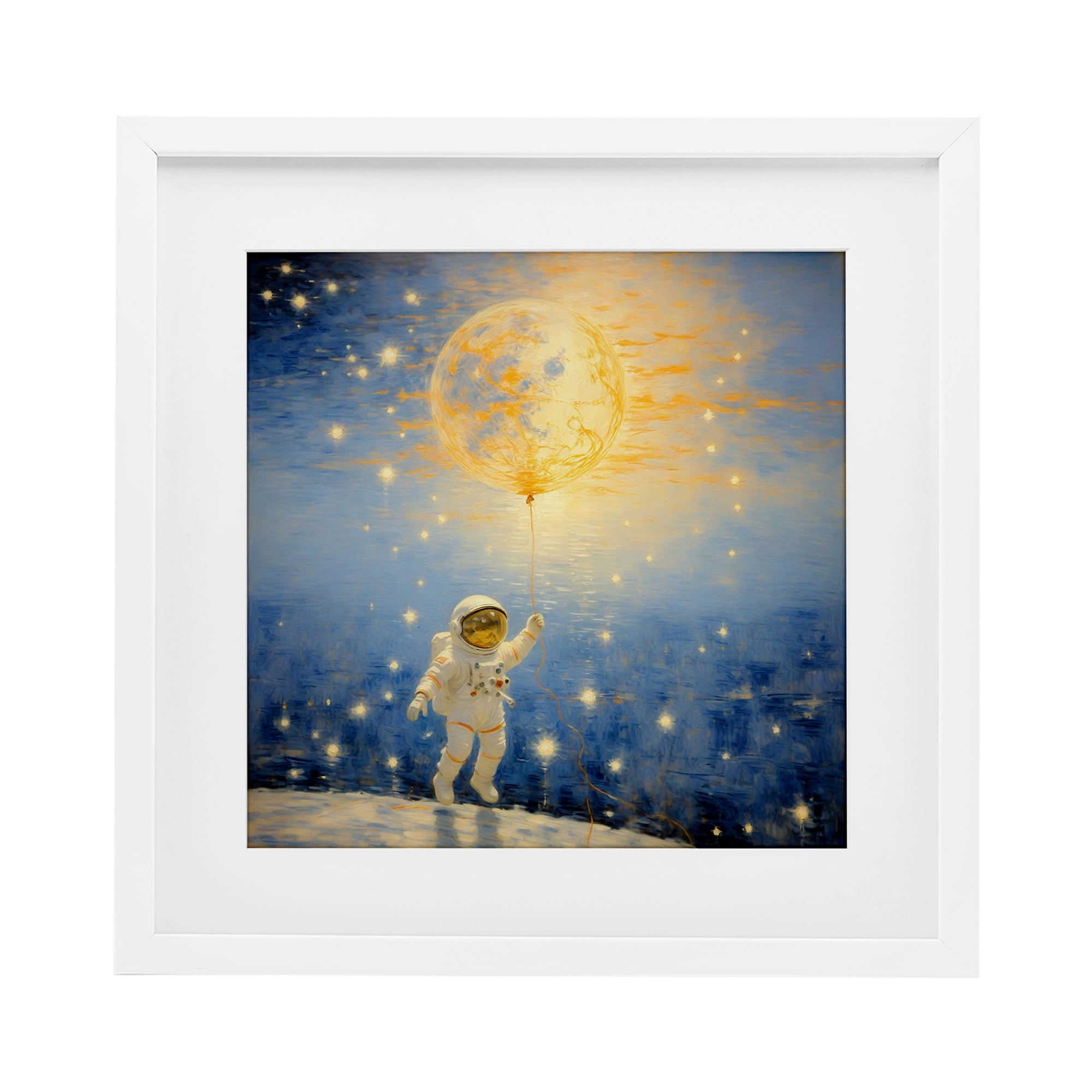 Astronaut with Dreamy Cosmic Balloon White Framed Print Under Glass, design by Angie Hawke