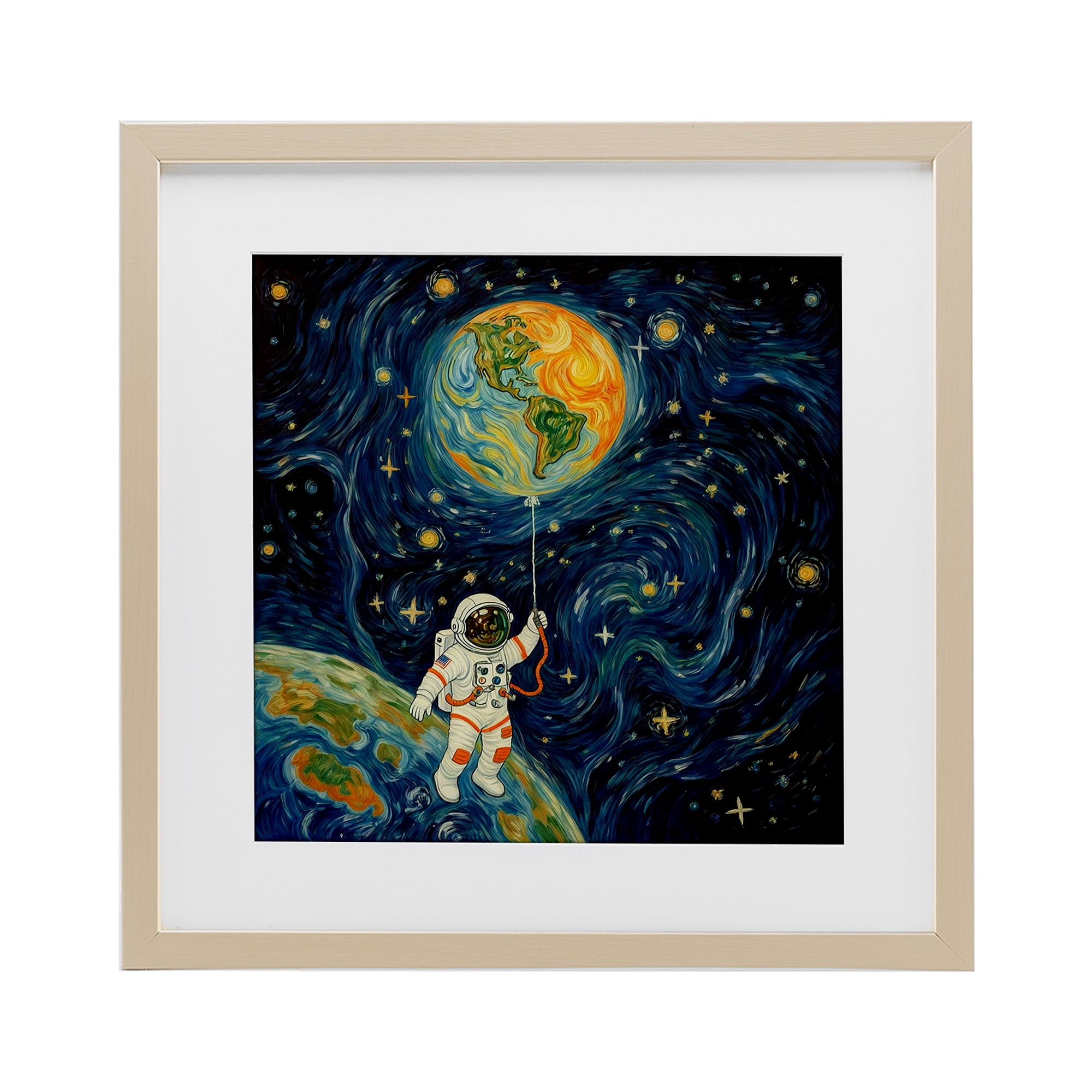 Astronaut with Earth Balloon Birch Framed Print Under Glass, design by Angie Hawke