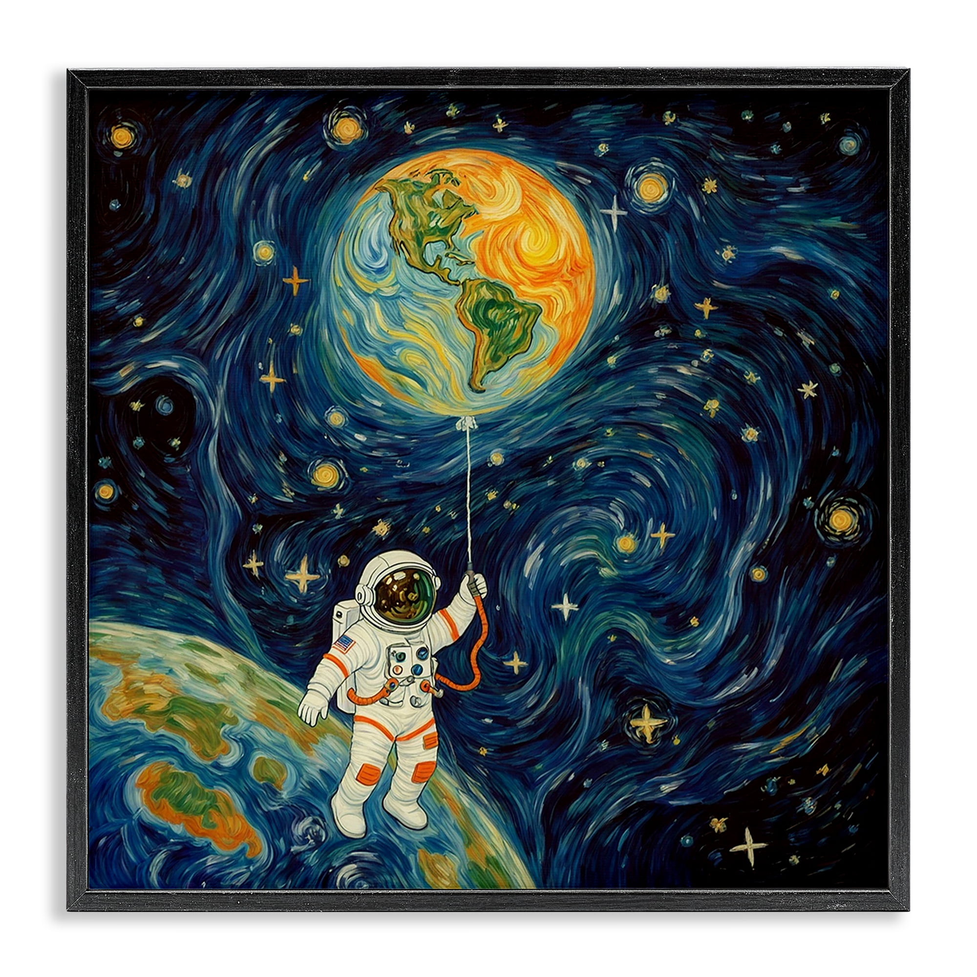 Astronaut with Earth Balloon Black Framed Giclee Art, design by Angie Hawke