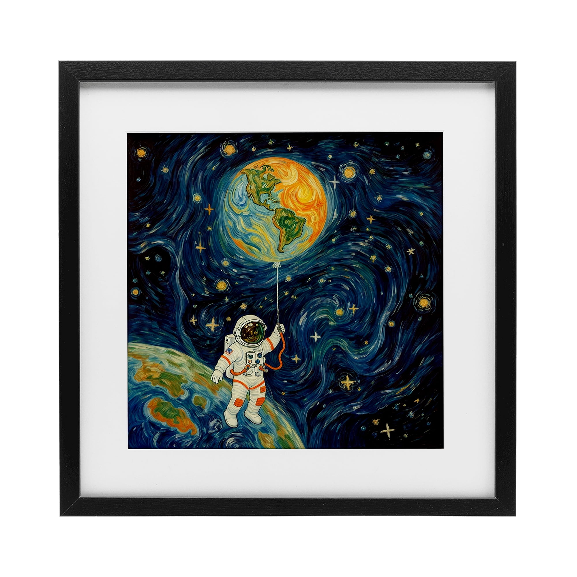 Astronaut with Earth Balloon Black Framed Print Under Glass, design by Angie Hawke