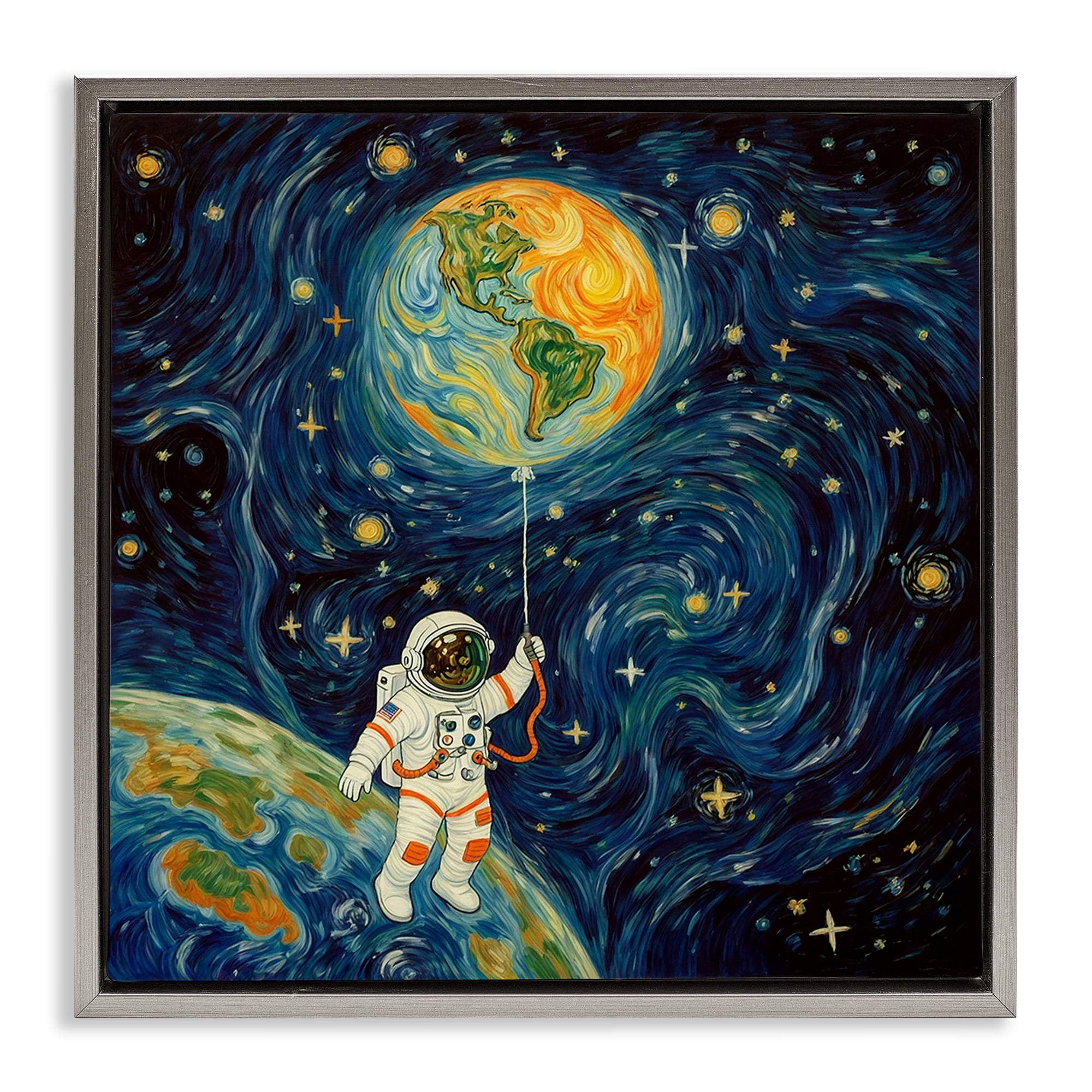 Astronaut with Earth Balloon Gray Framed Floater Canvas Wall Art, design by Angie Hawke