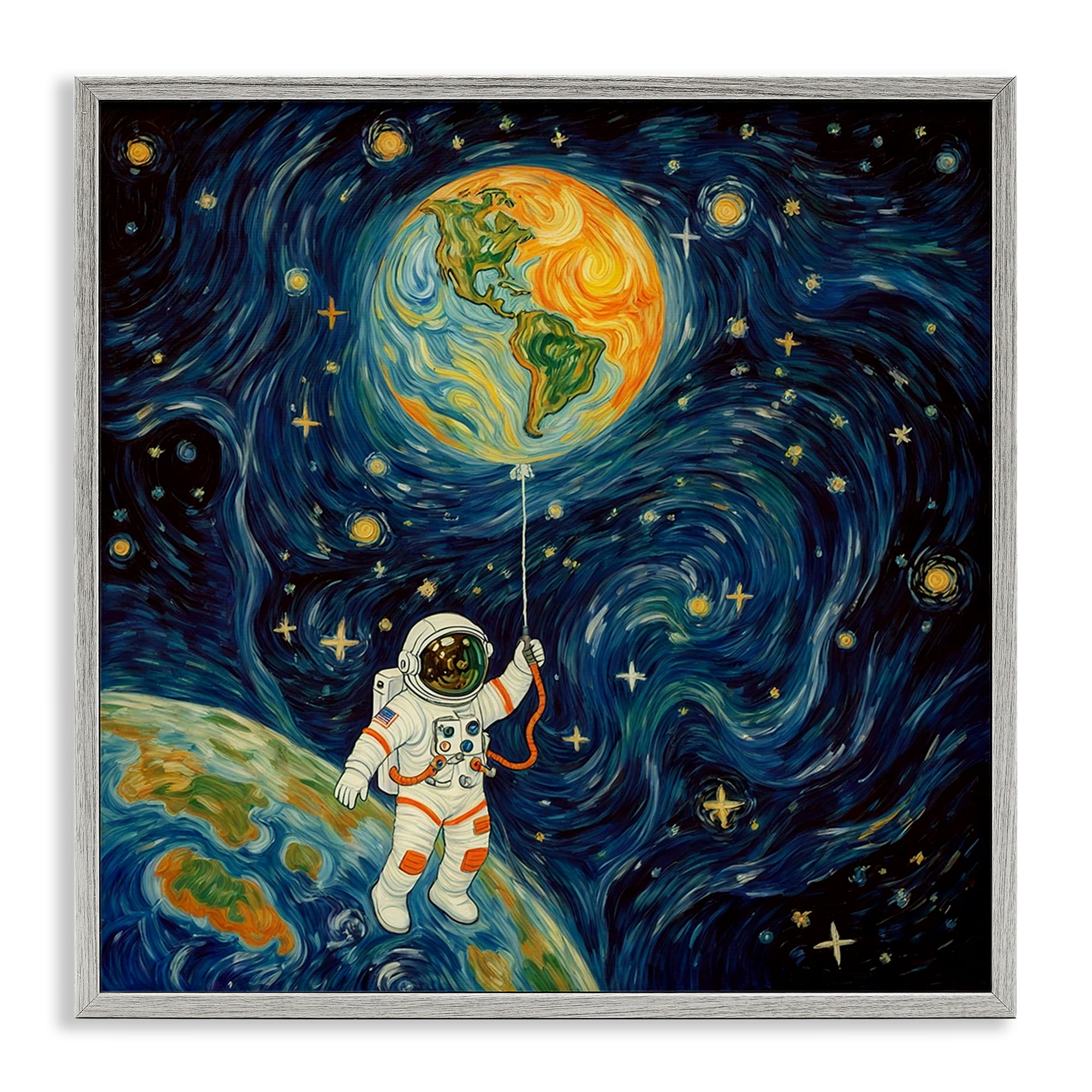 Astronaut with Earth Balloon Gray Framed Giclee Art, design by Angie Hawke
