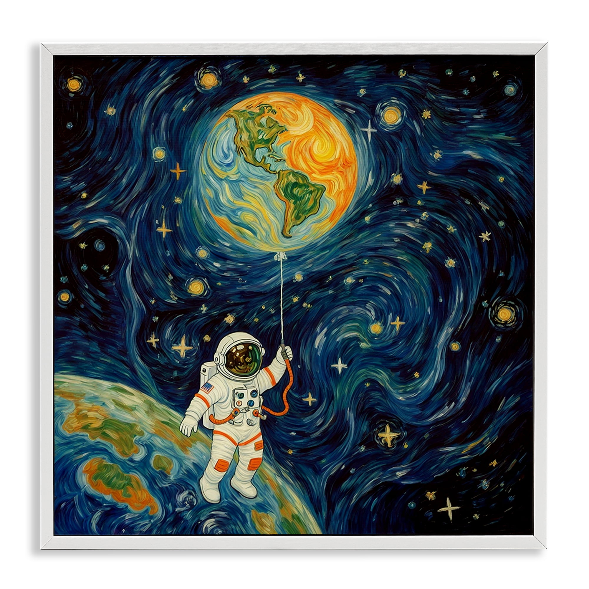 Astronaut with Earth Balloon White Framed Giclee Art, design by Angie Hawke