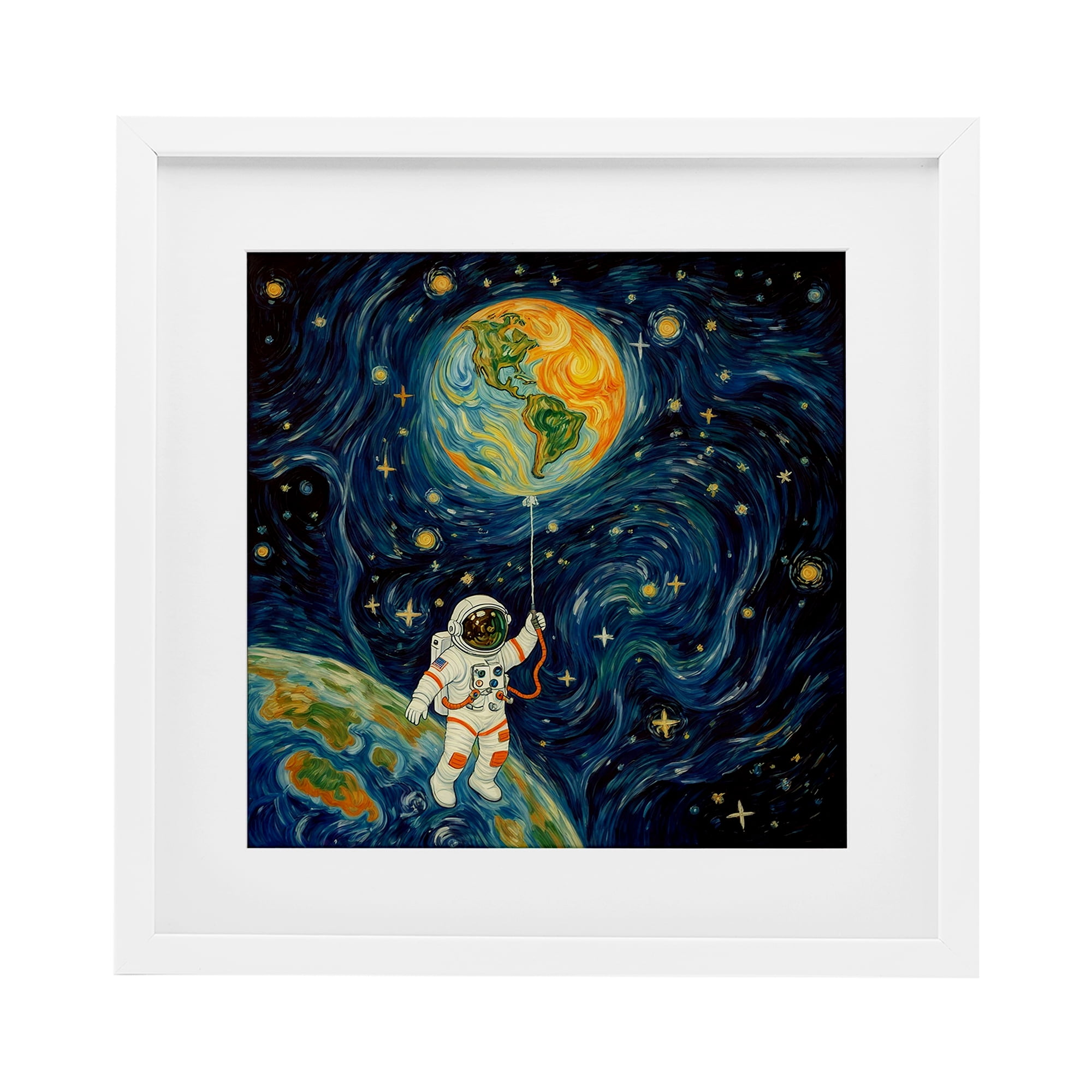 Astronaut with Earth Balloon White Framed Print Under Glass, design by Angie Hawke