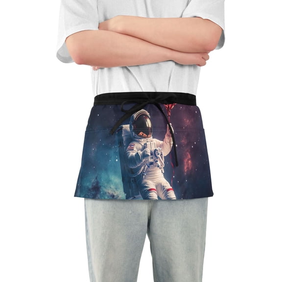 Astronaut with Heart-shaped Balloon Short Server Apron with 3 Pockets for Unisex Chef Gardening