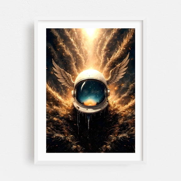 Astronaut with Wings - Digital Art Astronaut Surrealism Fantasy Space Sci-Fi Cosmic Mystical White Framed Wall Art Print 5 x 7 inches