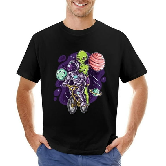 Astronauts And Aliens Cycling Vintage T-shirt Mens Cotton Classic Crewneck Short Sleeve Tees Unisex Black 2XL