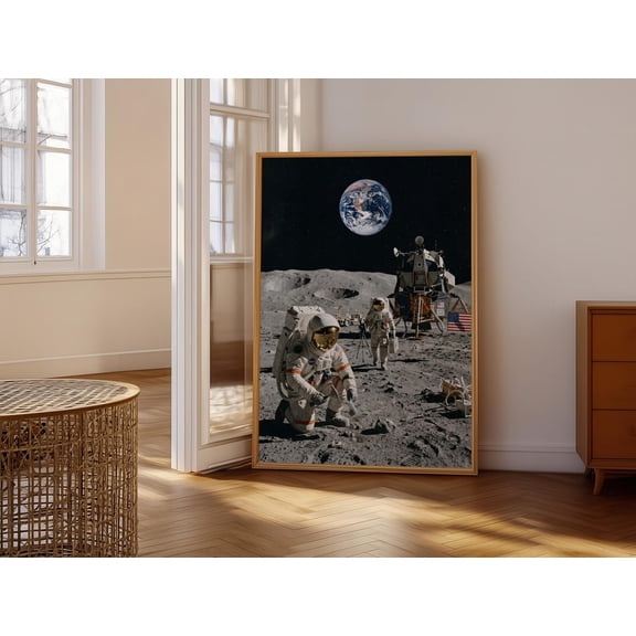 Astronauts Exploring Lunar Surface with Earth View Inspiring Space Exploration Scene Iconic Moon Landing Imagery Wall Art
