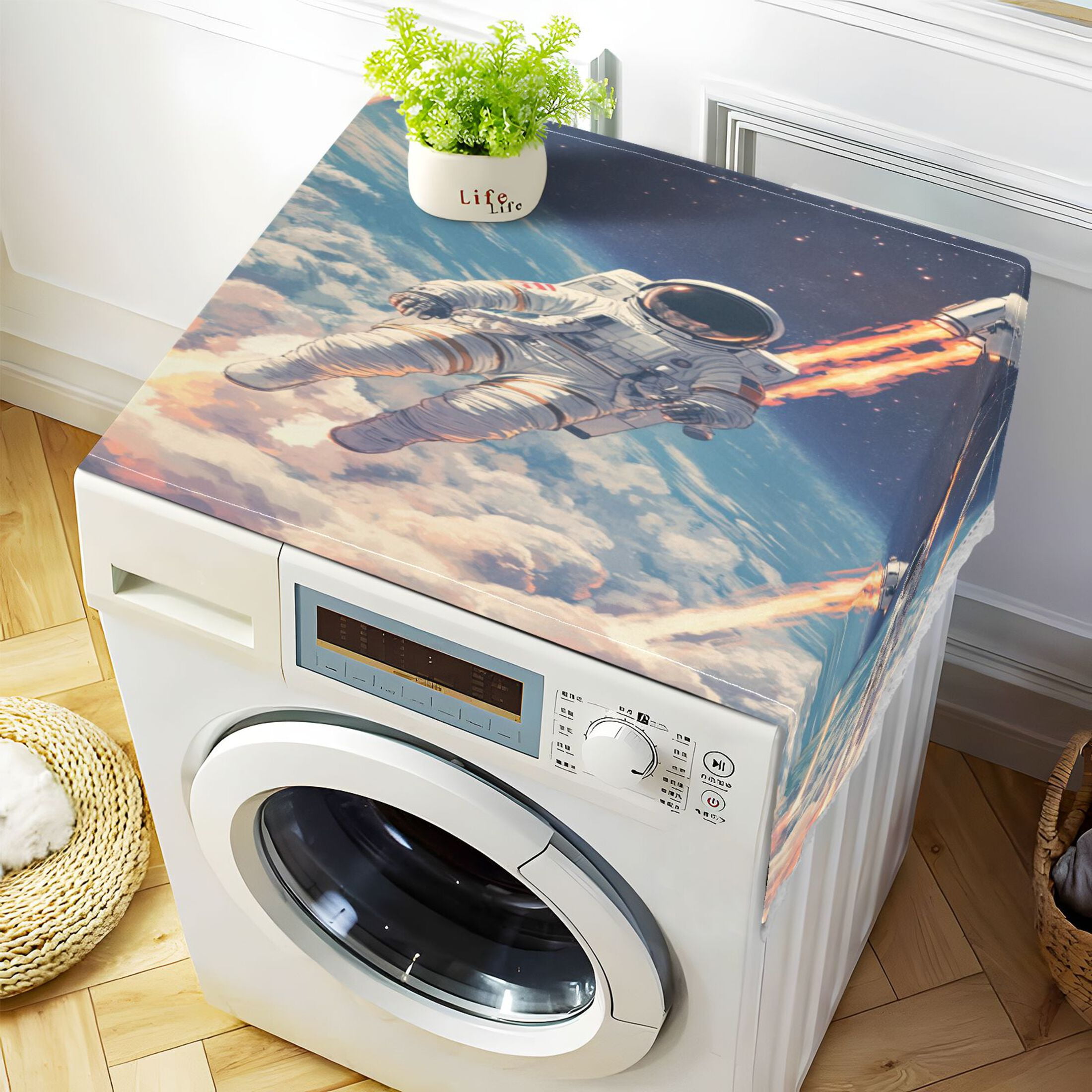 Astronauts Fly Into SpaceWasher and Dryer Covers Dust-Proof and Oil Resistant Fridge Cover with 4 Storage Pockets Washing Machine Top Cover for Laundry Kitchen Home 51.2 x 22 In