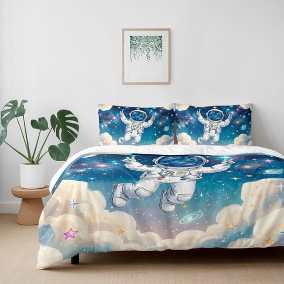 Astronauts Galaxy Dream Sky California King Size Bed Set,Stars Moon Planet Bedding for All Seasons,4 Pcs Bed Set with 1 Quiltcover (96"x104"),1 Sheet (110"x98"),2 Pillowcases (20"x36")