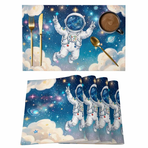 Astronauts Galaxy Dream Sky Placemats Set of 6,Wipeable Washable Table Mats for Dining Tables, Stars Moon Planet Place Mats for Kitchen Event Party Tabletop Decor
