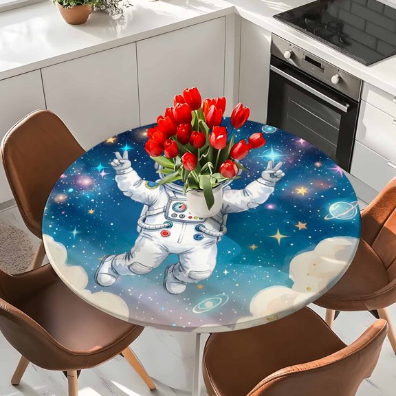 Astronauts Galaxy Dream Sky Round Fitted Tablecloth with Elastic Edge,Waterproof Table Cloth Fits Tables Up to 36"-44",Wipeable Washable Table Cover for Indoor Outdoor Dinning Party,Stars Moon Planet