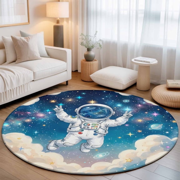 Astronauts Galaxy Dream Sky Round Rug 5ft Stars Moon Planet Washable Area Rugs for Living Room Bedroom Entryway Non Slip Entrance Door Mat Indoor Floor Carpet