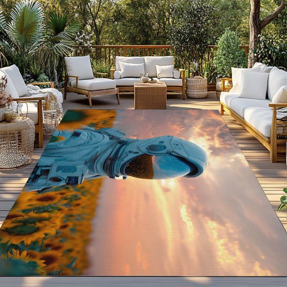 Astronauts Indoor Outdoor Rugs 3x5 Ft, Floral Landscape Sunflower Field Sunset Sky Outdoor Patio Rugs Mat Washable Outside Area Rugs Carpet for Porch Deck RV Camping Pool Balcony Backyard