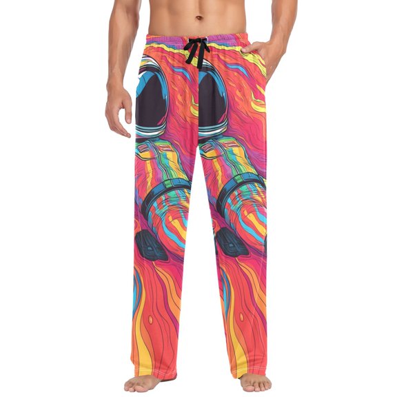 Astronauts Lying on Colorful Paints Mens Cotton Pajama Pant Sleep and Lounge Bottons with Pockets