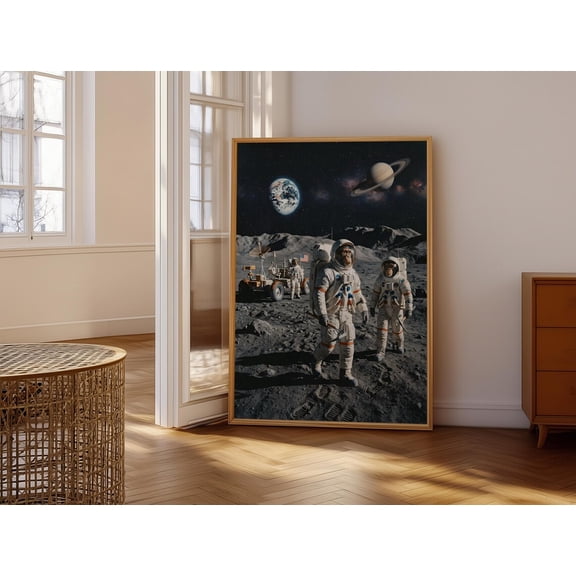 Astronauts Monkeys Exploring Lunar Surface With Earth And Saturn In View Futuristic Space Expedition Scene Moon Adventure Wall Art