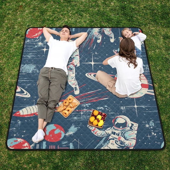 Astronauts Planets Rockets Beach Blanket Outdoor Picnic Blanket 78"x 78" Waterproof Foldable for Beach Camping Travel Hiking Grass Lawn Park