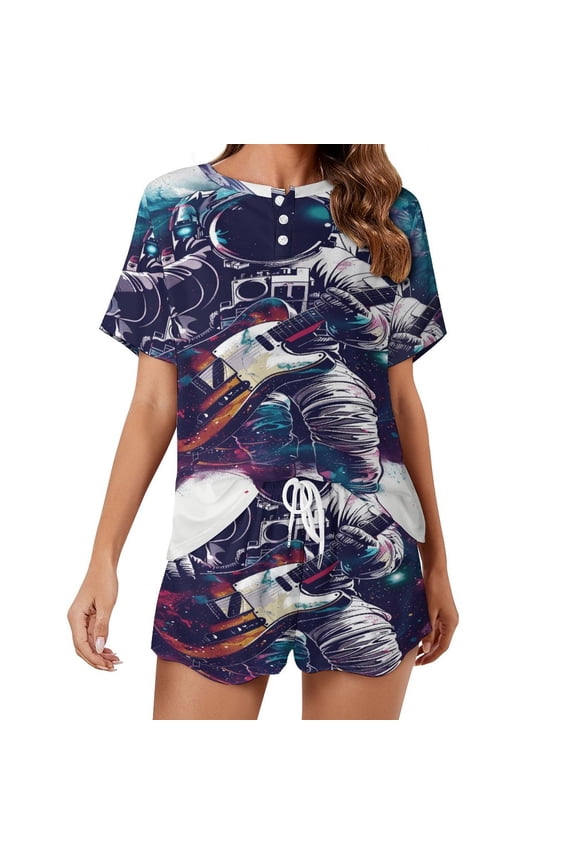 Astronauts Play Guitar in Space 2 Pack Women’s Pajama Set Print Sleepwear And Shorts Y2k Loungewear Sets S-5XL