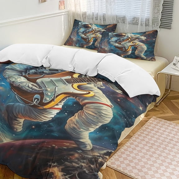 Astronauts Play Guitar in Space Duvet Cover Set Pattern Soft Bedding Set Comforter Cover Set(1 Duvet Cover + 2 Pillowcases)