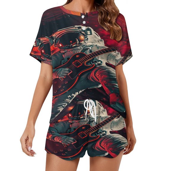 Astronauts Play Guitar in Space Print Women'S Pajamas Set Summer Sleepwear Sets 2 Piece Lounge Set
