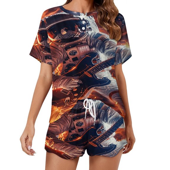 Astronauts Play Guitar in Space Print Women'S Pajamas Set Summer Sleepwear Sets 2 Piece Lounge Set