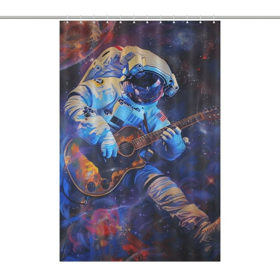 Astronauts Play Guitar in Space Shower Curtain for Bathroom with 12Hooks, Polyester Fabric Thick Shower Curtain Washable Waterproof Curtain