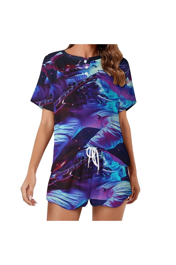 Astronauts Play Guitar in Space Women's Ruffle Short Sleeve Tops And Shorts Cute Peeps Bunny Pajamas Sets