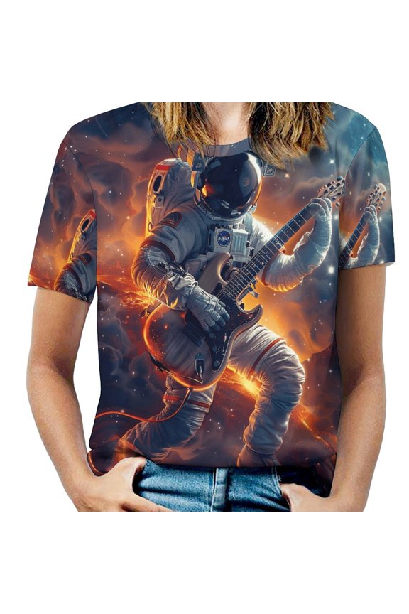 Astronauts Play Guitar in Space Women's Short Sleeve Tops Casual Blouses T Shirt