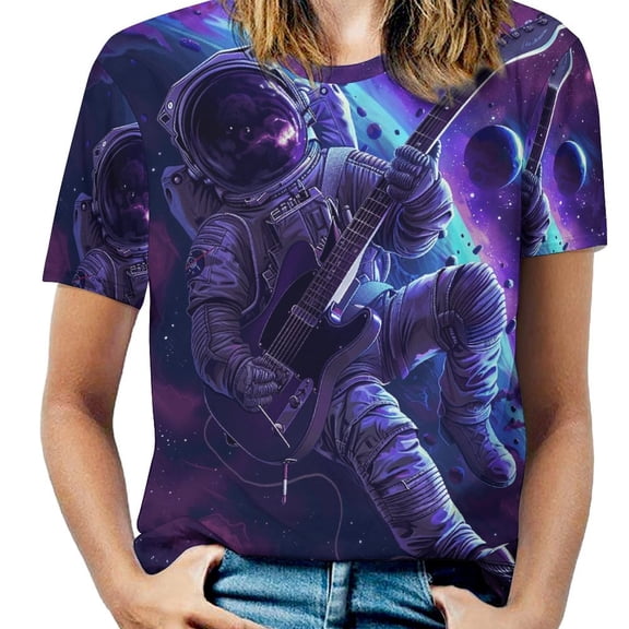 Astronauts Play Guitar in Space Women's Short Sleeve Tops Casual Blouses T Shirt