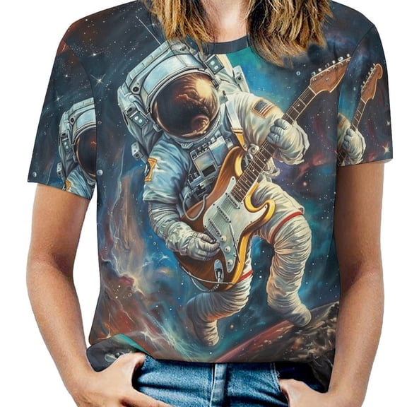 Astronauts Play Guitar in Space Womens Tops Women's Fashion Casual Short Sleeve Flower Print Round Neck Pullover Top Blouse
