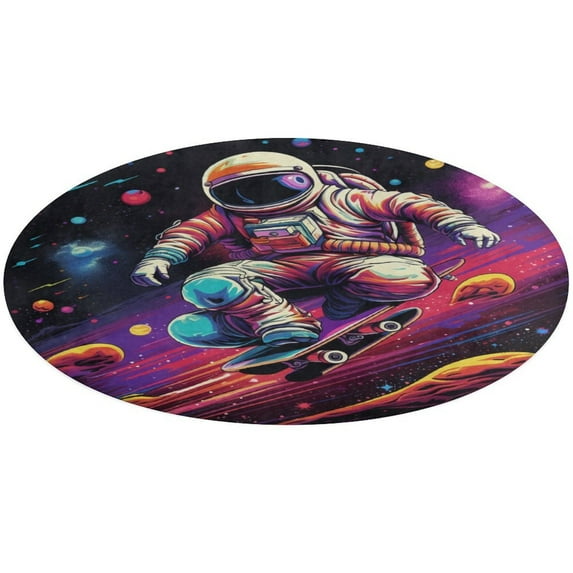 Astronauts in Space Floral Medallion Round Rug - Small Round Area Rug, Soft Non-Slip Machine Washable Bedroom Mat Indoor Accent Entry Carpet for Office Desk Dorm Hallway