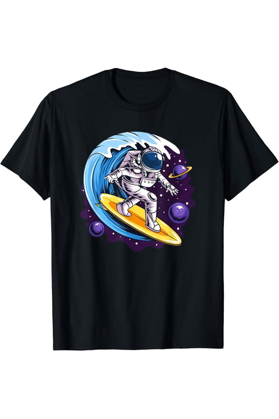 Astronauts Surf On Surfboard In Space Stars Planets Cosmic T-Shirt