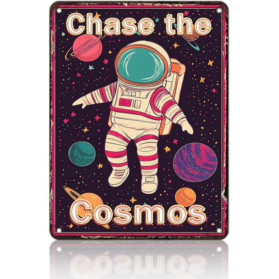 Astronauts Tin Sign Outer Space Wall Art Chase the Cosmos Universe Poster Planet Positive Decor Plaque for Boys Kids Nursery Game Room 8x12inch