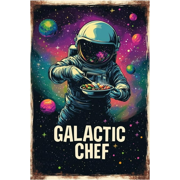 Astronauts Tin Signs Outer Space Metal Arts Universe Poster Galactic Chef Cooking Kitchen Planet Positive Wall Decor Plaque for Boys Kids Nursery Game room 8 X 12 Inches